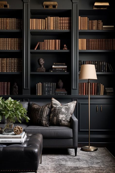 Home Library Ideas, Black Library, Bookcase Ideas, Photoshoot Reference, Academia Office, Home Library Rooms, Library Living Room, Head Study, Transitional Living Room