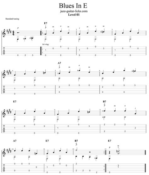 Here is a basic 12-Bar blues study in E for guitar taken from the PDF Method "Blues For Kids - 10 Easy Fingerstyle Studies" available on jazz-guitar-licks.com 12 Bar Blues Guitar, Fingerstyle Guitar Tabs, Basic Exercises For Beginners, 12 Bar Blues, Fingerstyle Guitar Lessons, Learn Guitar Songs, Guitar Chord Progressions, Guitar Tabs For Beginners, Finger Style