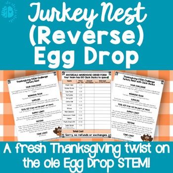 Have fun and encourage critical thinking creativity, and problem-solving with this Turkey Nest STEM Challenge! In the activity, students work in teams to build a "nest" to catch the "turkey egg" so that it doesn't break. Two versions of the activity are included: One where all supplies are made avai... Turkey Trap, Thanksgiving Stem, Turkey Egg, Creative Thinking Skills, Stem Challenge, Egg Drop, Stem Challenges, Creative Thinking, Student Work