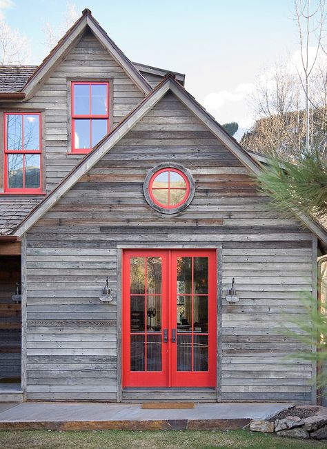 Rocky Mountain Retreat, love the red with weathered gray! Red Doors, Gray House, Rustic Exterior, Cedar Siding, Buying Your First Home, Rustic Cottage, Wood Siding, Doors And Windows, Design Exterior