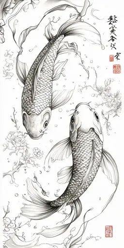 ↑↑↑ Larger size on website 🔸 The image is a black and white line drawing of two koi fish swimming in a pond. The fish are drawn i Koi Fish Painting Black And White, 2 Koi Fish Drawing, Koi Fish Line Drawing, Fish Pond Drawing, Koi Fish Reference, Koi Fish Sketch, Koi Fish In A Pond, Koi Fish Illustration, Fish In A Pond