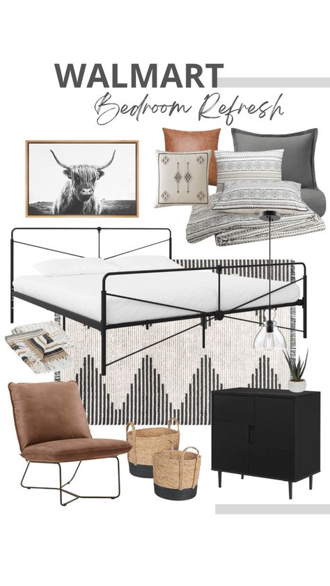 Guest Room Black Metal Bed, Guest Bedroom Masculine, Master Bedrooms Decor Masculine, Bedroom Inspirations Master Metal Bed, Black Metal Frame Bedroom Ideas, Black White Neutral Bedroom, Masculine Farmhouse Bedroom, Simple Spare Bedroom Ideas, Industrial Teen Boy Bedroom