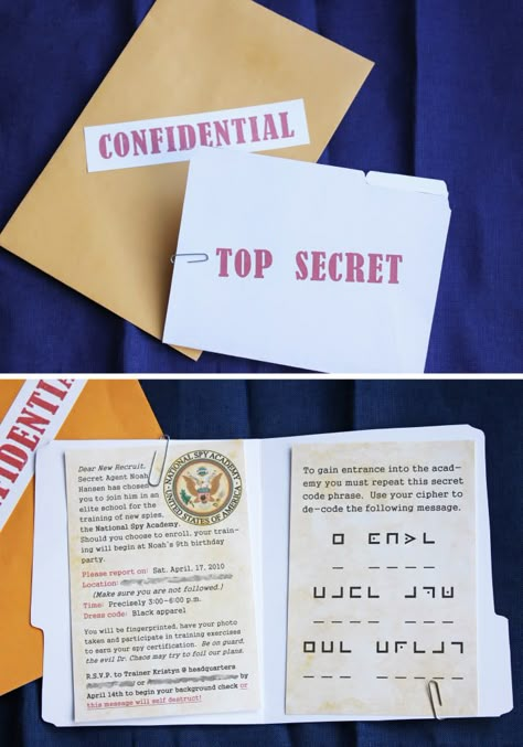 Free printable spy folders and mission sheets for spy kits to use for the preregistration day "passports" Geheimagenten Party, Spy Camp, Spy Birthday Party, Spy Theme, Secret Agent Party, Spy Birthday Parties, Spy Kit, Escape Room Party, Detective Party