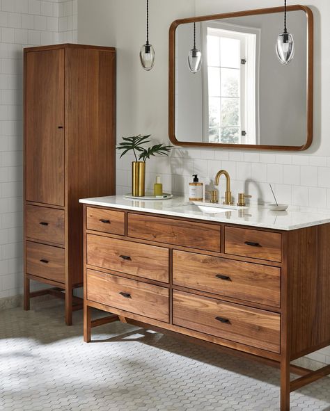 Turn your bathroom dreams into a reality with our newest designs! 🛁 Bathroom Wood Cabinets White Counter, Small Vanity Master Bath, Bathroom Vanity To The Floor, Bathroom Vanity Mid Century Modern, Room And Board Vanity, Bathroom Flooring With Wood Vanity, Midcentury Modern Bathroom Ideas, Bathrooms With Natural Wood Vanity, Solid Wood Vanity Bathroom