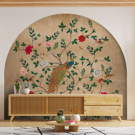 Midweek inspiration: Creating a focal point with our best-selling peacock murals, adding a touch of nature and elegance to your home!  . . {Home styling, Wall Art, Wallpaper Collection, Wallpaper Styling, Dream Home} . . . #VRSA #VRSAhome #Homeinspiration #Homedecoration #Summerhome #Indianhomedecor #SouthAsian #Homedecor #Wallpaper #Indianhome  #Wallpaperdesign #Wallpaperideas #Summertime Living Room Wallpaper Indian, Luxury Living Room Colors, Rajasthani Wallpaper For Wall, Bedroom Wall Colors Indian, Indian Culture Wallpaper, Panels With Wallpaper Inside, Living Room Indian Decor, Wallpaper On Bedroom Wall, Portuguese Design Interiors