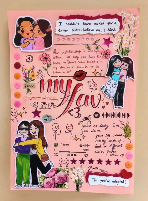 Drawing Ideas For Friends Birthday, Aesthetic Gift For Sister, Bday Gift For Sister Ideas, Birthday Card Ideas For Siblings, Sisters Journal Ideas, Sister Bday Card Ideas, Quotes Aesthetic For Sisters, Sisters Scrapbook Pages Ideas, Aesthetic Gifts For Sister