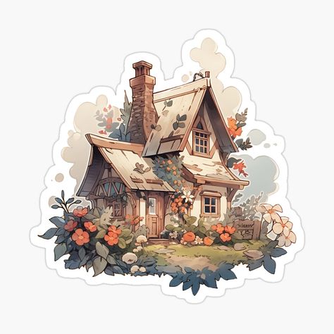 Cottage With Flowers, Cottage Illustration, Cottagecore Art, The Aurora Borealis, Cute Cottage, House Illustration, Cute House, The Aurora, Arte Animal