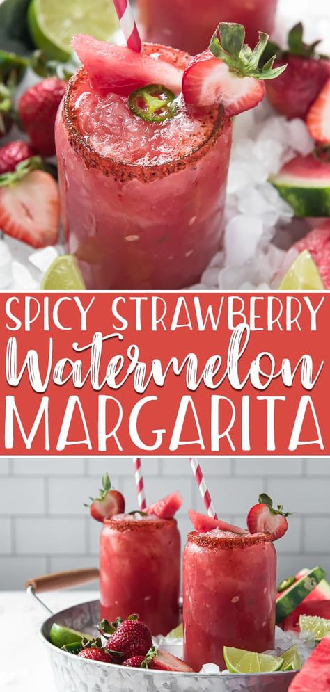 A fruity, summery twist on a classic drink, this Spicy Strawberry Watermelon Margarita kicks up the heat and flavor a notch with strawberries and jalapeno-infused tequila! #crumbykitchen #strawberry #watermelon #margarita #cocktails #cocktailrecipes #cocktaildrinks #spicy #spicyfood #jalapenos #tequila #summerrecipes Spicy Watermelon Margarita, Margarita Drinks, Margarita Cocktails, Spicy Watermelon, Infused Tequila, Margarita Ingredients, Spicy Cocktail, Watermelon Margarita, Watermelon Lemonade