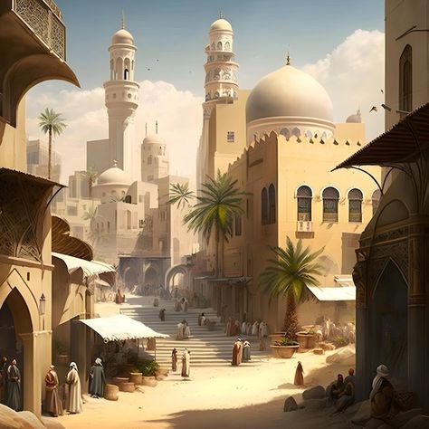 Arab City Fantasy Art, Arab Fantasy City, Arab Palace Fantasy Art, Desert City Art, Desert City Fantasy Art, Fantasy Desert City, Arabic Palace, Arabic City, Desert Palace