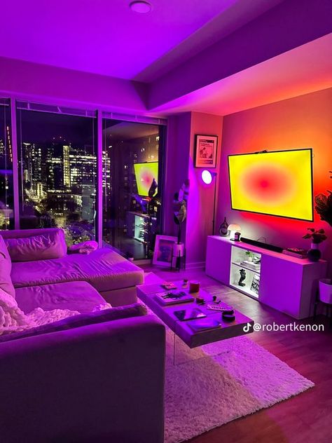 Glam Studio Apartment Ideas, Entergalactic Netflix Apartment, Room Ideas For Grown Women, Aura Apartment Decor, Bf And Gf Apartment Decor, Cute Cozy Living Room, Cute Modern Living Room Ideas, Led Living Room Aesthetic, Apartment Lighting Aesthetic