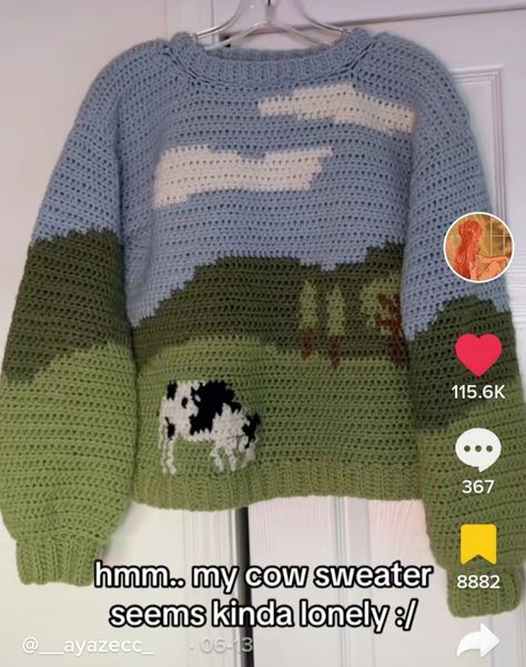 Cow Sweater Crochet, Crochet Landscape Sweater, Crochet Sweater Grid Pattern, Sheep Crochet Sweater, Crochet Sheep Sweater Pattern, Crochet Sweater Landscape, Dinosaur Crochet Sweater, Crochet Animal Sweater, Crochet Farm Sweater