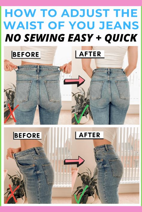 HOW TO TAKE IN THE WAIST OF YOUR JEANS | NO SEWING EASY + QUICK - Nourish Your Glow Fit Jeans Diy, How To Make Jeans, Altering Jeans, Mending Clothes, Diy Clothes Hacks, Big Pants, Sewing Jeans, Tailoring Jeans, Mom Jeans Outfit