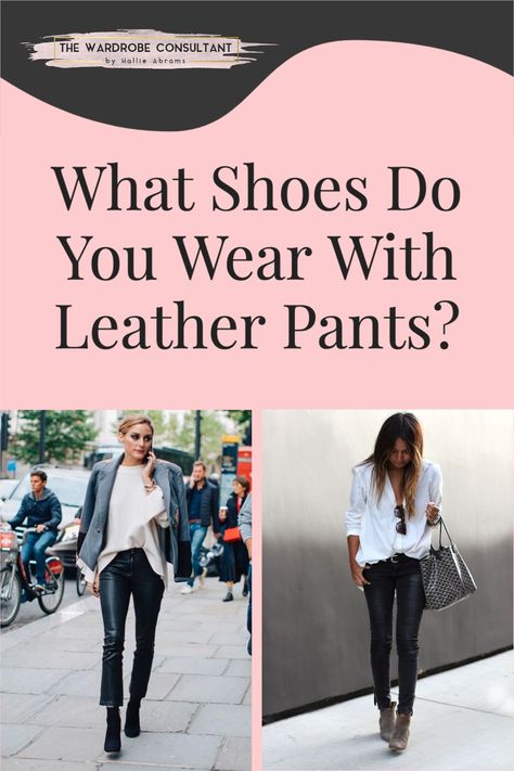 What shoes to wear with leather pants. Boots or pumps? Leather or suede? Same color or different? They’re totally valid questions. In fact, as I was chatting with some of my favorite store owners and managers recently, they said it’s a question they receive from customers often too…So let’s have at it. A quick guide to what shoes pair well with leather pants. #leatherpants #styletips #boots #leather Leather Pants Leather Boots, Shoe With Leather Pants, Styling Vegan Leather Pants, What Shoes To Wear With Black Faux Leather Pants, Leather Kick Flare Pants Outfit, Leather Trousers And Boots, Leather Pants Suede Boots, Let Her Pants Outfit, Kut From The Kloth Leather Pants