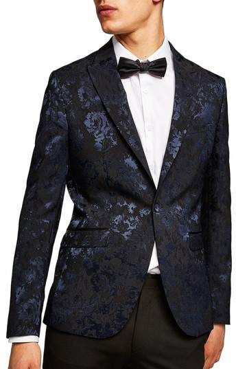 Topman Skinny Fit Floral Jacquard Suit Jacket, A handsome floral jacquard motif adds lustrous definition to a skinny-fit formalwear jacket streamlined with fabric-wrapped buttons. Style Name:Topman #Skinny #Fit Floral Jacquard #Suit #Jacket #mostpopular #cheapest Black Floral Suit Men, Floral Mens Suit, Floral Tuxedo Men, Floral Suit Men Wedding, Floral Suits For Men, Floral Suit Men, Prom Fits, Floral Suit Jacket, Satin Suits