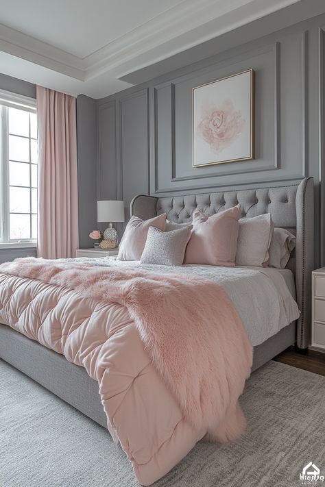 Transform your master bedroom into a luxurious oasis with a pink and grey color palette.  Explore pink and grey master bedroom decor ideas, from plush bedding and elegant furniture to statement lighting and artwork.  Create a space that is both stylish and relaxing, perfect for a restful night's sleep. Room Decor Bedroom Rose Gold, Pink Gray Bedroom, Pink Bedroom Walls, Beautiful Bedroom Colors, Pink Bedroom Ideas, Grey Bed Frame, Pink Bedroom Decor, Pink Bedrooms, Grey Bedroom