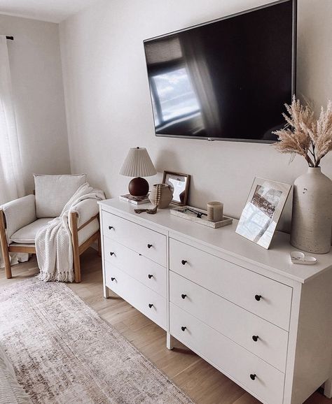 Tv Dresser Decor Living Room, Master Room Dresser Decor, Master Dresser Decor With Tv, Vanity In Front Of Bed, Hanging Tv Bedroom, Bedroom Tv Over Dresser, Tv Dresser Decor Bedroom, Tv On Dresser Decor, Bedroom Ideas Mirrors