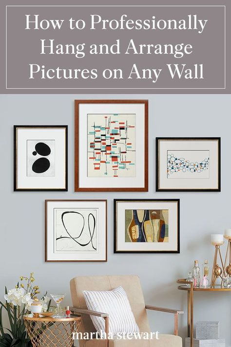 We share the professional way to arrange and hang frames on any wall in your home. Use these expert tips and tricks to help you create a gallery wall or hang a single framed print or photograph. Plus, the tools you will need. #hometour #homedesign #homedecor #marthastewart #inspiration #details Arrange Pictures, Hanging Pictures On The Wall, Small Apartment Decorating Living Room, Picture Arrangements, Photo Arrangement, Picture Gallery Wall, Minimalist Living Room Decor, Designed Wall, First Apartment Decorating