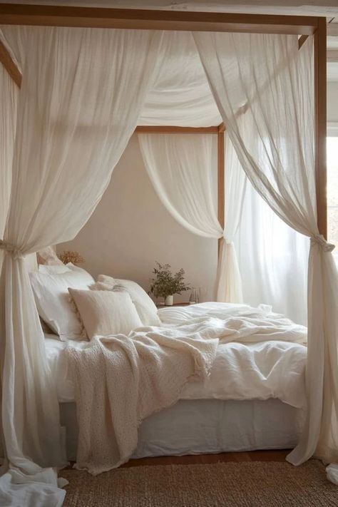 Canopy Bed With Bed Skirt, Neutral Canopy Bed, Bed Frames Canopy, Styling Canopy Bed, Bed Designs With Curtains, Bedroom Inspo Canopy Bed, White Bed With Canopy, Queen Bed Frame Canopy, Draped Canopy Bed