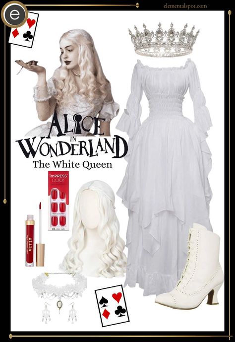 Dress Up Like The White Queen from Alice in Wonderland - Elemental Spot White Queen Outfit Ideas, Alice In Wonderland The White Queen, Diy White Queen Costume Wonderland, Alice In Wonderland Costume White Queen, Alice In Wonderland Live Action Dress, The White Queen Costumes, Alice Im Wonderland Costumes, Queen Of Hearts And White Queen Costume, Alice In Wonderland Dress Ideas