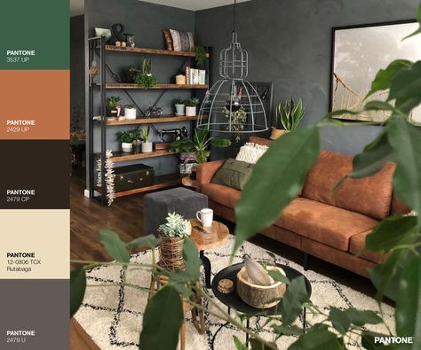 Living room; furniture in cognac, walls in dark grey and accents in evergreen, black & ecru Modern Bohemian Living Room, Living Room Decor Tips, Cosy Living Room, Small Apartment Decorating, Bohemian Living Room, Stylish Living Room, A Living Room, Contemporary Living Room, Instagram Foto