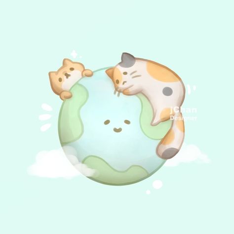 Kawaii Earth, Earth Drawings, Art Idea, Kawaii Art, Cute Images, Cat Design, Earth Day, Cat Art, Hello Kitty