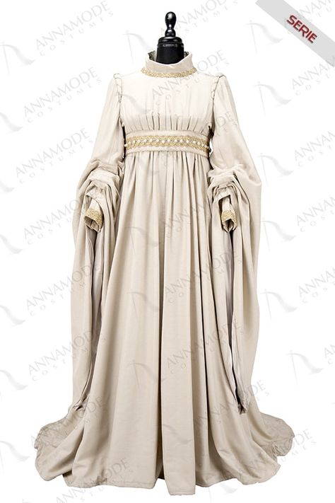 Medieval White Dress, Larp Wedding, White And Gold Fantasy Robes, Elegant White Medieval Dress With Historical Design, Medieval Dress White Gold, White Fitted Elven Medieval Dress, Vestidos Medieval, 1500 Fashion, 1500s Fashion