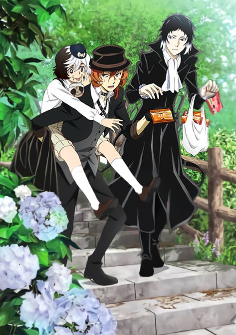 Bungou Stray Dogs - Chuuya, Akutagawa and Q Official Bsd Art, Soukoku Official Art, Bsd Official Art, Port Mafia, Bungou Stray Dogs Wallpaper, Bungou Stray Dogs Characters, Dazai Bungou Stray Dogs, Dog Wallpaper, Bongou Stray Dogs