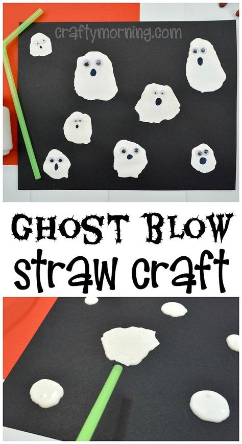 Here's an easy and cheap halloween craft for kids! Have the kids blow a ghost with a straw! Straw painting activity. Easy Halloween Diy Crafts, Cheap Halloween Crafts, Halloweenpyssel Barn, Straw Crafts, Halloween Crafts Preschool, October Crafts, Halloween Arts And Crafts, Carte Halloween, Halloween Preschool