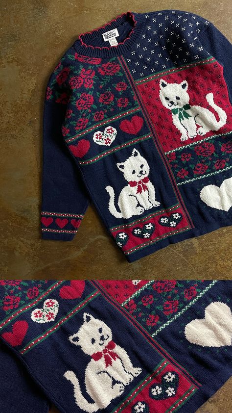 Cat Themed Outfit Aesthetic, Vintage Cat Sweater, Grandma Sweaters, Vintage Sweater Outfit, Sweater Set Outfits, Thrift Inspo, Crochet Baby Sweater, Crochet Fairy, Grandma Sweater