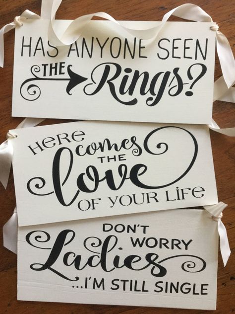 "Hi and Welcome to KerriArt! I am offering this Ring Bearer sign set of 3 ....black lettering on ivory white. Main photo shows ivory white. Photo prop heaven Makes such great pictures. Here comes the love of your life. Don't worry ladies, I'm still single! I'm just here for the Cake! If you Have 3 special little ones To walk down the aisle before the bride, ....Here ya go!  Your wedding guests will love it and they  make memorable keepsakes to display with photos in your home afterwards. Please Ivory Wedding Decorations, Wagon For Wedding, Ring Bearer Sign, Ring Bearer Signs, Flower Girl Signs, Wedding Sign Decor, Bride Sign, Read Sign, Wedding Photo Props