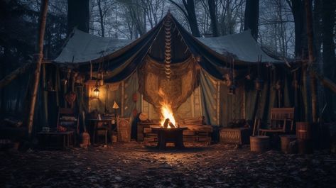 Fantasy Tent Interior, Medieval Camp Aesthetic, Fantasy Tent, Fictional Places, Camping In The Woods, Scared To Love, Tarzan And Jane, Forest Camp, Camping Aesthetic