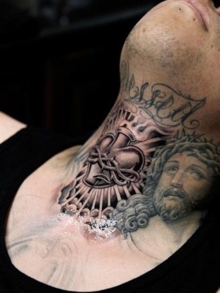 Lil B Tattoo, Owl Neck Tattoo, Lowrider Tattoo, Front Neck Tattoo, Sacred Heart Tattoo, Tattoo Son, Best Neck Tattoos, Skull Hand Tattoo, Sacred Heart Tattoos