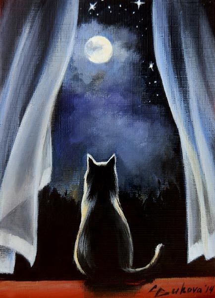 "Night watch" by G.Bukova: Caine Husky, Animated Witch, Black Cat Art, Black Cat Halloween, The Night Sky, Drawing Tutorials, Cat Painting, Moon Art, Cat Drawing