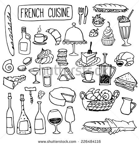 Set of doodles, hand drawn rough simple french cuisine food sketches. Isolated on white background Food Doodles, Illustrator Design Tutorial, Food Sketch, France Drawing, Bullet Journal Themes, French Culture, Paris Love, Paris Art, Cute Doodles Drawings