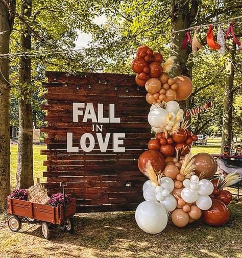 Fall Engagement Decorations, Falling In Love Engagement Party, Fall Wedding Balloon Arch, Engagement Party Ideas Themes Fall, Falling In Love Wedding Theme, Fall In Love Engagement Party Ideas, Falling In Love Engagement Party Theme, Engagement Party Ideas Fall, Fall Ball Dance