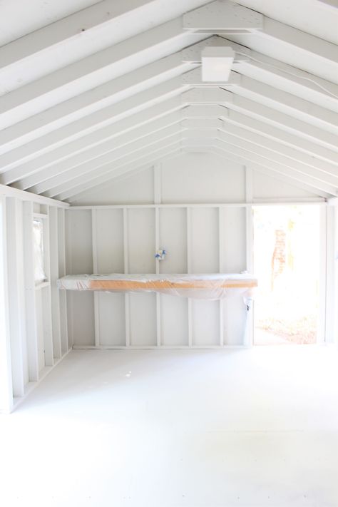 She Shed Decorating Ideas, She Shed Interior, Small Shed Plans, Garden Shed Interiors, Corner Sheds, Shed Makeover, Sherwin Williams Paint, Build Your Own Shed, Shed Construction