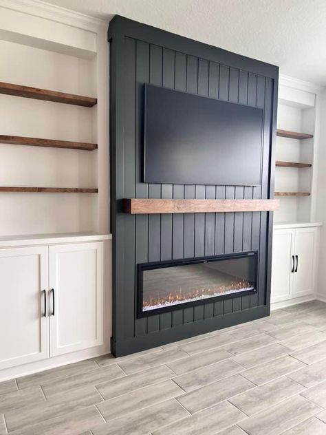 Fireplace Tv Wall With Shelves On One Side, Electric Fireplace Ideas With Tv And Sound Bar, Built In Shelves Tall Ceiling, Upstairs Living Room, Room Decor Cozy, Built In Shelves Living Room, Living Room Built Ins, Build A Fireplace, Basement Living Rooms