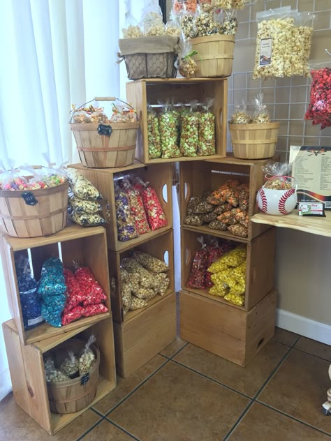 Our retail popcorn display                                                                                                                                                                                 More Candy Store Window Display, Retail Snack Display Ideas, Candy Shop Display Ideas, General Store Display Ideas, Retail Candy Display Ideas, Candy Store Decoration Ideas, Candy Display Store, Candy Store Display Ideas, Campground Store Ideas