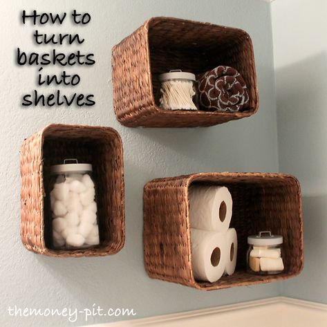 The Kim Six Fix: Turning Baskets into Shelves Diy Space Saving, Space Saving Bathroom, Diy Space, Astuces Diy, Viria, Basket Shelves, Small Budget, Small Bathroom Decor, Bathroom Shelves