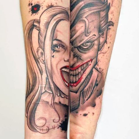 Joker Couple Tattoo, King And Queen Tattoo For Couples, Gangster Couple Tattoos, Couple Tattoo Ideas Unique, Ring Tattoo Designs Wedding, Joker Harley Quinn Tattoo, Matching Tattoos Couples Unique, Tattoo Harley Quinn, Joker And Harley Quinn Tattoo