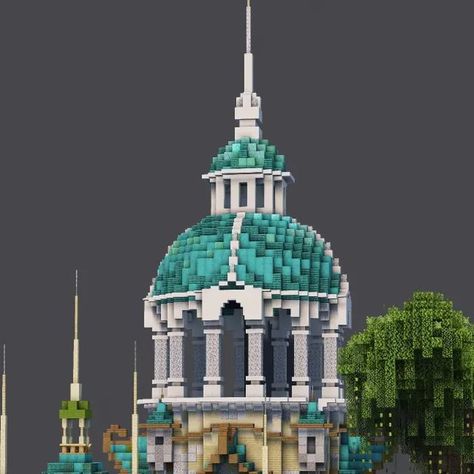 Minecraft Poseidon Statue, Beacon Tower Minecraft, Blue Castle Minecraft, Atlantis Minecraft Build, Minecraft Elven Building Ideas, Minecraft Building Ideas Lighthouse, Minecraft Atlantis Build, Curved Roof Minecraft, Tower Design Minecraft