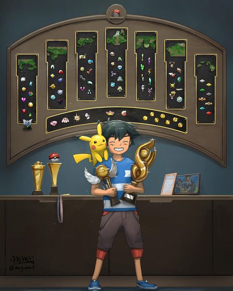 Ash's Trophy Room Pokemon Artwork, Satoshi Pokemon, Ewolucje Eevee, Solgaleo Pokemon, Pokemon Ash Ketchum, Pokemon Ash And Serena, Pokemon Mew, Mega Pokemon, Pokemon Poster