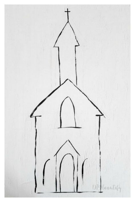 Painting Churches On Wood, Painted Churches On Wood, Long Narrow Paintings, Church Paintings Ideas, Church Paintings On Wood, Church Drawing Easy, Farmhouse Art Painting, Country Church Painting, Church Doodles