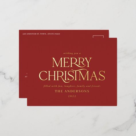 Christmas red elegant minimal modern typography Merry Christmas holiday postcard. Real foil gold, silver and rose gold typography detailing. Christmas Cards Typography, Thanks For Purchase Card, Elegant Christmas Design Graphic, Postcard Design Christmas, Modern Christmas Design Graphics, Merry Christmas Typography Design, Christmas Cards Elegant, Christmas Card Typography, Merry Christmas Script