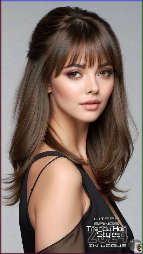 Sophisticated Feather Haircuts to Elevate Your Look Round Face Bangs Haircuts, Fringe Hairstyles Round Face Short, Low Buns With Bangs, Subtle Bangs Short Hair, Medium Hair With Bangs Straight, Bang Styles For Round Faces, Medium Hair With Bangs Round Face, Wispy Bangs Round Face Long Hair, Bangs With A Cowlick