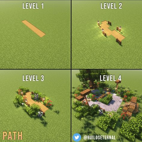 Mc Path Designs, Flower Path Minecraft, Pathways In Minecraft, Path Minecraft Design, Minecraft Sand Path, Village Path Minecraft, Natural Path Minecraft, Minecraft Paths Ideas, Dirt Path Minecraft