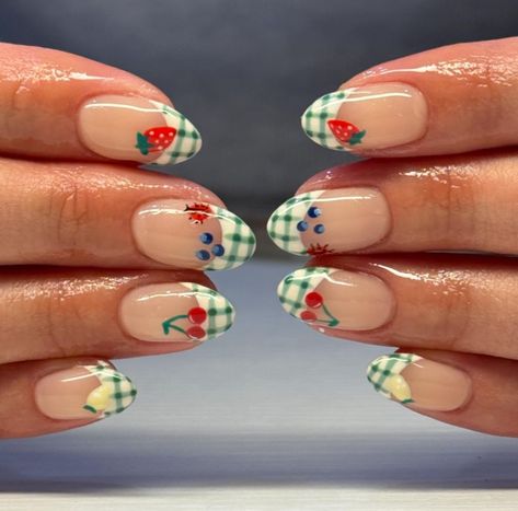 Colorful Gel Manicure, Strawberry Nails Square, Garden Themed Nails, Tomato Nail Art, Vintage Inspired Nails, Acrylic Nails 2024, Gingham Nail Art, Quilt Nails, Mismatched Nail Art