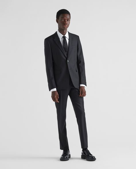 Single-breasted wool suit Suit Men Black, Prada Suit, Mohair Suit, Black Pants Men, Lapel Jacket, Adidas Football, Prada Men, Wool Suit, Trouser Suits