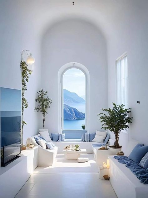 Ocean View Living Room, Greek House Interior, Greek Style Home, Greek Interior Design, Moroccan Villa, Greece House, Santorini House, Blue And White Decor, Mediterranean Interior Design