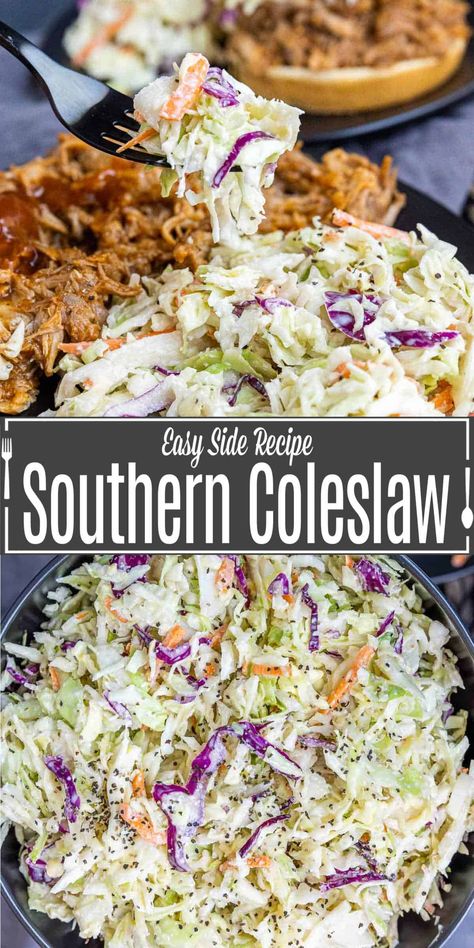 This traditional Southern coleslaw recipe is a sweet and tangy, creamy coleslaw that is sure to be the hit of your next backyard BBQ or 4th of July party! Southern coleslaw is traditionally a sweet coleslaw with sugar added to the dressing. We add vinegar and lemon juice help to balance sweetness with a lovely tang.  It’s all whisked together with mayo to make the perfect creamy coleslaw. Southern Style Side Dishes, Coleslaw For Brisket, Coleslaw Recipe For Brisket, Summer Southern Food, Southern Bbq Recipes, Raising Canes Coleslaw Recipe, Southern Bbq Menu Ideas, Texas Coleslaw Recipe, Southern Bbq Side Dishes